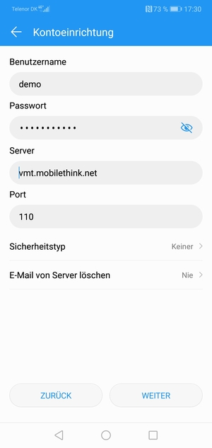 Geben Sie Benutzername und die Server-Adresse für eingehende Post ein. Wählen Sie WEITER