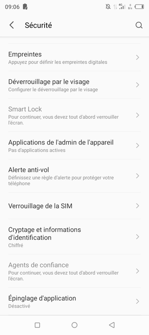 Pour modifier le code PIN de la carte SIM, allez dans le menu Sécurité et sélectionnez Verrouillage de la SIM