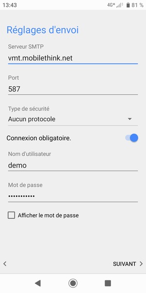 Saisissez l'adresse du serveur sortant