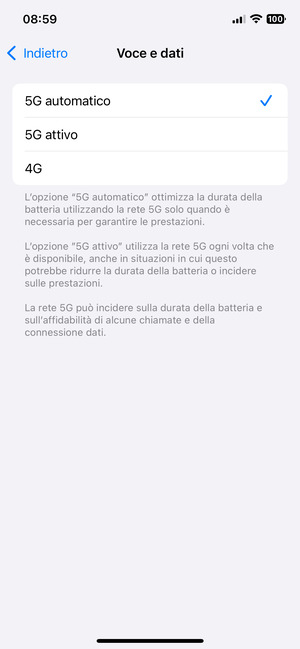 Per abilitare 5G, seleziona 5G automatico o 5G attivo