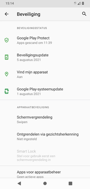 Om uw schermvergrendeling te activeren, ga naar het Beveiliging-menu en selecteer Schermvergrendeling