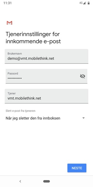 Skriv inn Brukernavn og innkommende serveradresse. Velg NESTE