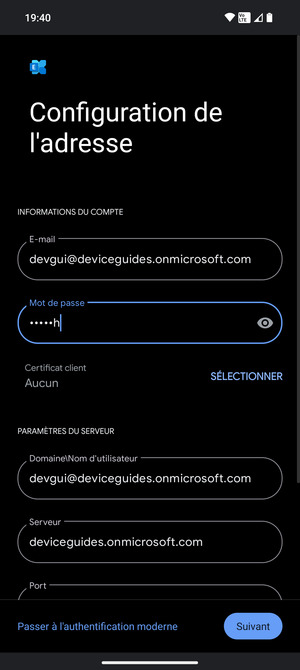 Saisissez votre Nom d'utilisateur et l'adresse du serveur Exchange. Sélectionnez Suivant