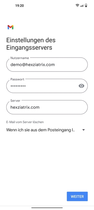 Geben Sie Benutzername und die Server-Adresse für eingehende Post ein. Wählen Sie WEITER