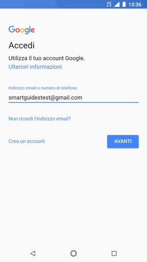 Inserisci il tuo indirizzo Gmail e seleziona AVANTI
