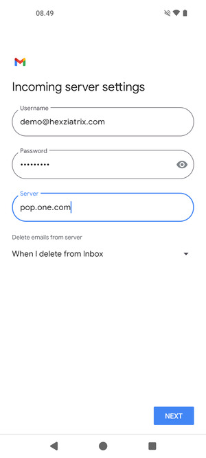 Enter Username and Incoming server address. Select NEXT