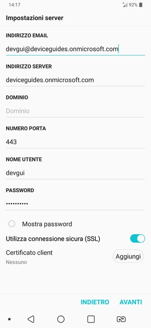 Inserisci l'indirizzo del server Exchange e NOME UTENTE. Seleziona AVANTI