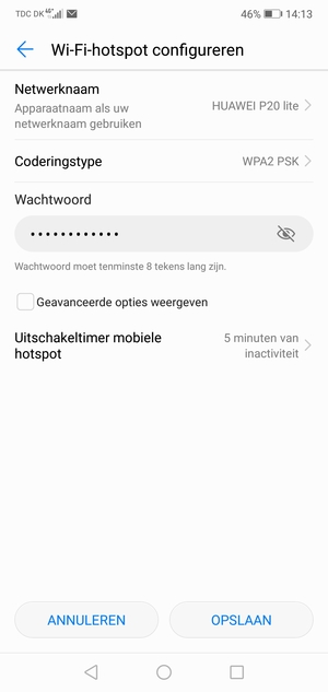 Voer een wachtwoord van een WiFi-hotspot in van ten minste 8 tekens en selecteer OPSLAAN