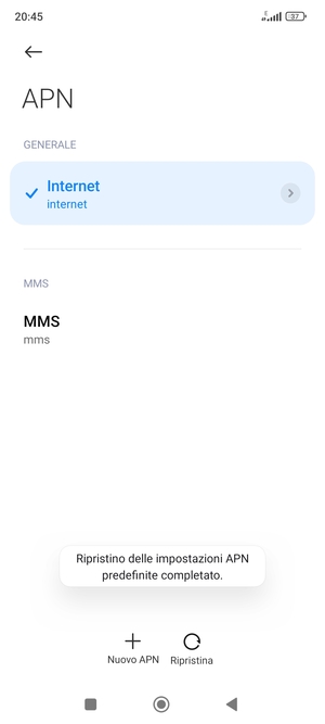 Le impostazioni del tuo telefono saranno ripristinate secondo le impostazioni internet e MMS predefinite