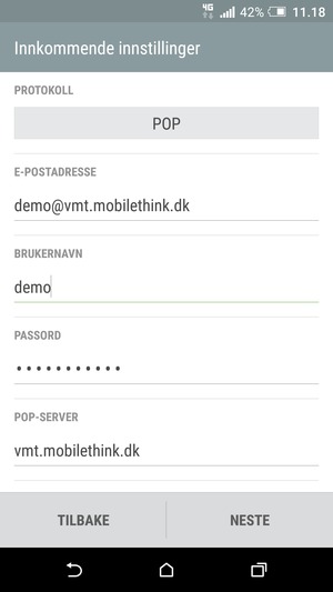 Skriv inn Brukernavn og Innkommende serveradresse. Velg NESTE