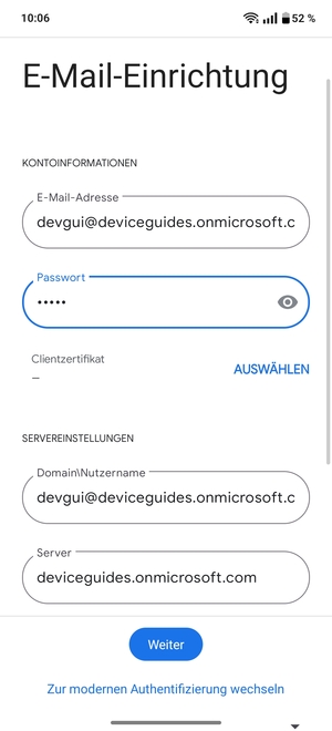 Geben Sie Benutzername und Exchange Server-Adresse ein. Wählen Sie Weiter