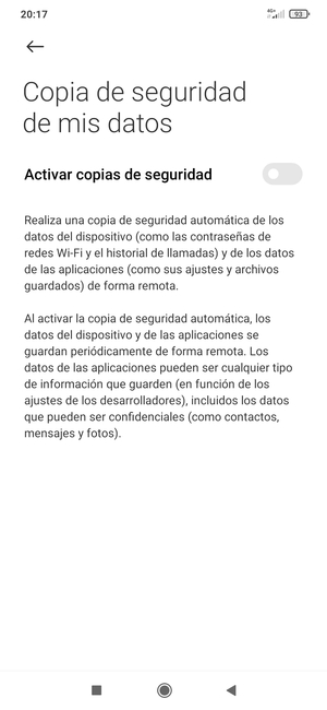 Active Activar copias de seguridad