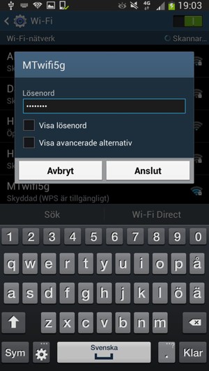 Ange lösenord till Wi-Fi och välj Anslut