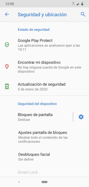 Para activar su bloqueo de pantalla, vaya al menú Seguridad y ubicación y seleccione Bloqueo de pantalla
