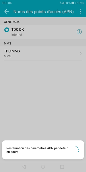 Votre téléphone va être réinitialisé avec les paramètres Internet et MMS par défaut