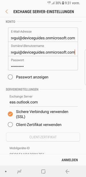 Geben Sie Benutzername und Exchange Server-Adresse ein. Wählen Sie ANMELDEN