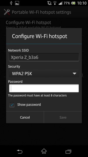 Enter a Wi-Fi hotspot password of at least 8 characters and select Save