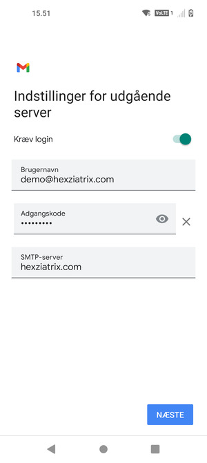Indtast udgående serveradresse og vælg NÆSTE