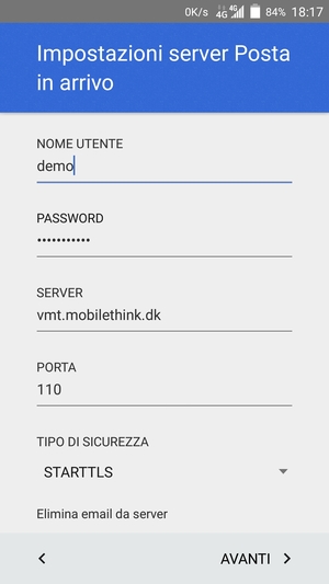 Inserisci NOME UTENTE e l'indirizzo del server di posta in arrivo