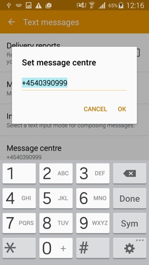 Enter the Message centre number and select OK
