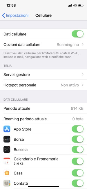 Seleziona Opzioni dati cellulare