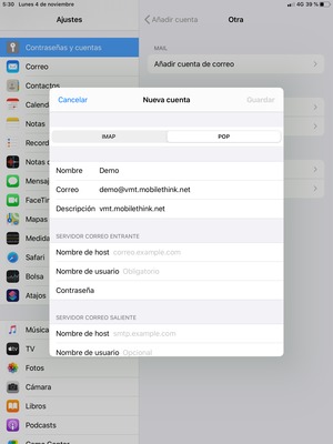 Seleccione POP o IMAP e introduzca la información de correo electrónico para SERVIDOR CORREO ENTRANTE