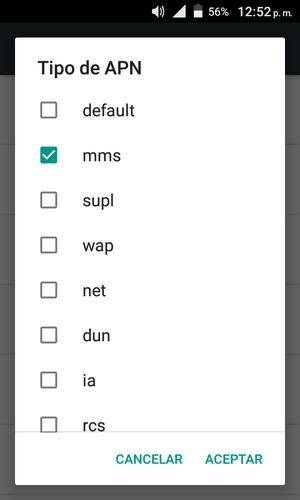 Marque la casilla de verificación mms y seleccione ACEPTAR