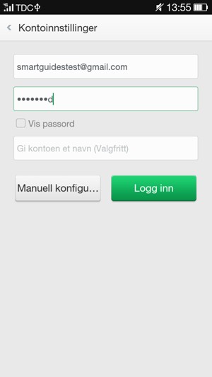 Skriv inn e-postadresse og passord. Gi kontoen din et navn og velg Logg inn