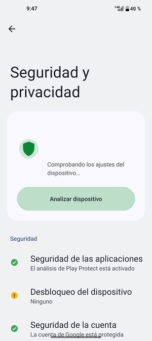 Para activar su bloqueo de pantalla, vaya al menú Seguridad y privacidad y seleccione Desbloqueo del dispositivo