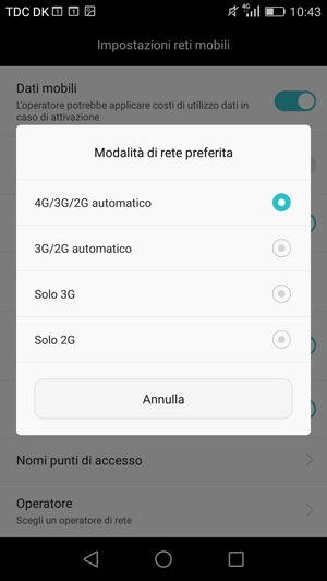 Seleziona Solo 2G / Solo GSM per abilitare 2G