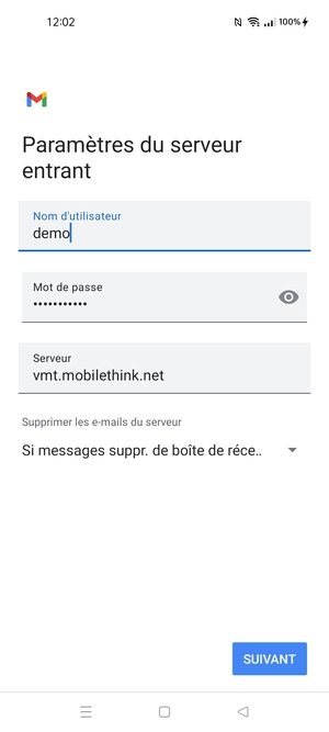 Saisissez votre Nom d'utilisateur et l'adresse du serveur entrant. Sélectionnez SUIVANT