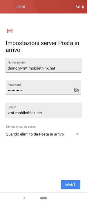 Inserisci Nome utente e l'indirizzo del server di posta in arrivo. Seleziona AVANTI