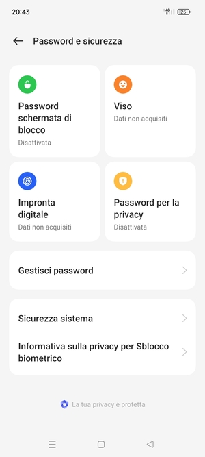 Per attivare il blocco dello schermo, vai al menu Password e sicurezza e seleziona Password schemata di blocco