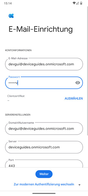 Geben Sie Benutzername und Exchange Server-Adresse ein. Wählen Sie Weiter
