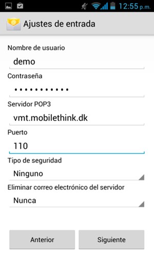 Introduzca Nombre de usuario y la dirección de servidor entrante. Seleccione Siguiente