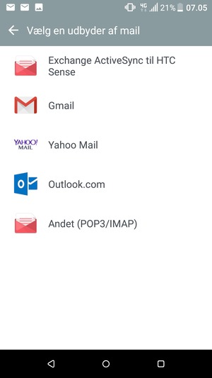 Vælg Microsoft Exchange ActiveSync til HTC Sense