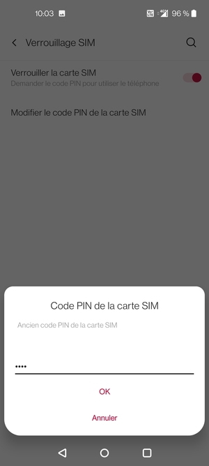 Saisissez votre Ancien code PIN de la carte SIM et sélectionnez OK