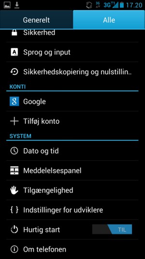 Vælg Alle og scroll til og vælg Om telefonen