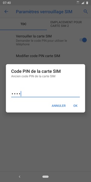 Saisissez votre Ancien code PIN de la carte SIM et sélectionnez OK
