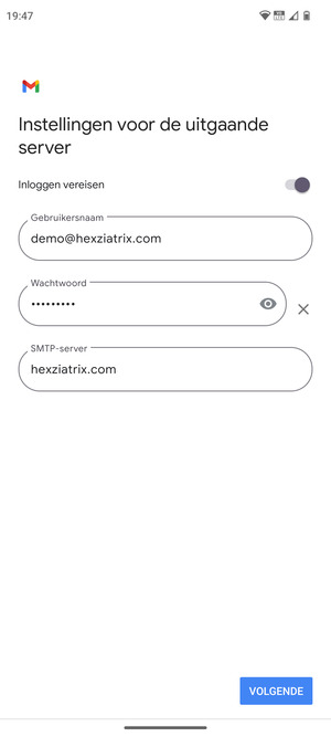 Voer Uitgaand serveradres in en selecteer VOLGENDE