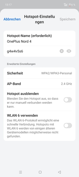Geben Sie eine WLAN-Hotspot-Passwort mit mindestens 8 Zeichen ein und wählen Sie Speichern