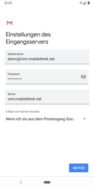 Geben Sie Benutzername und die Server-Adresse für eingehende Post ein. Wählen Sie WEITER