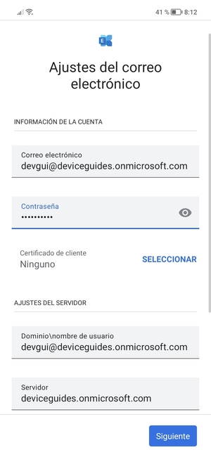 Introduzca Nombre de usuario y la dirección de servidor Exchange. Seleccione Siguiente