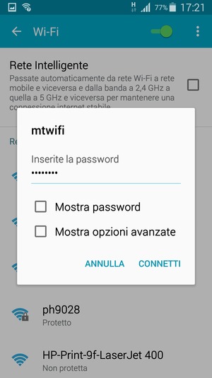 Inserisci la password del Wi-Fi e seleziona CONNETTI