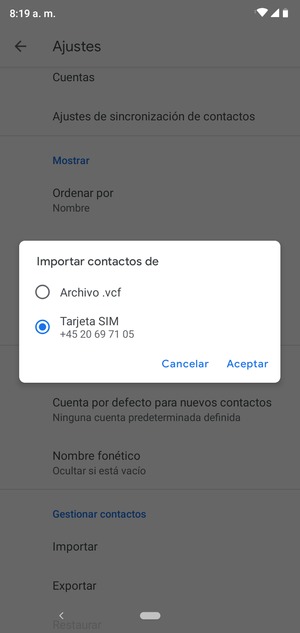 Seleccione Tarjeta SIM y Aceptar