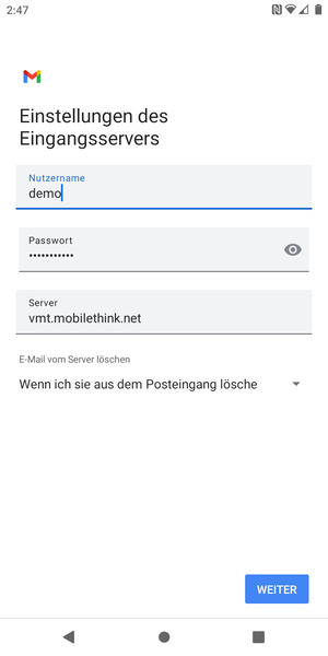 Geben Sie Benutzername und die Server-Adresse für eingehende Post ein. Wählen Sie WEITER