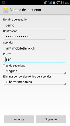 Introduzca Nombre de usuario y la dirección de servidor entrante. Seleccione Siguiente