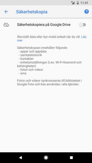 Aktivera Säkerhetskopiera på Google Drive