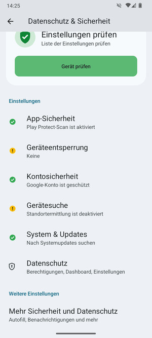 Um die PIN für die SIM-Karte zu wechseln, gehen Sie zum Sicherheit & Datenschutz Menü und wählen Sie Mehr Sicherheit und Datenschutz