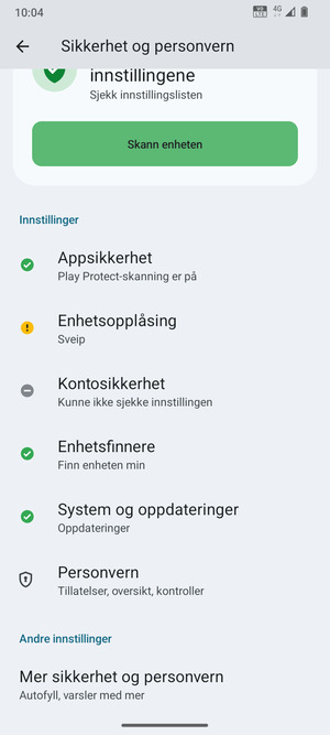 For å bytte PIN-koden til SIM-kortet, gå til Sikkerhet og personvern-menyen og bla til og velg Mer sikkerhet og personvern